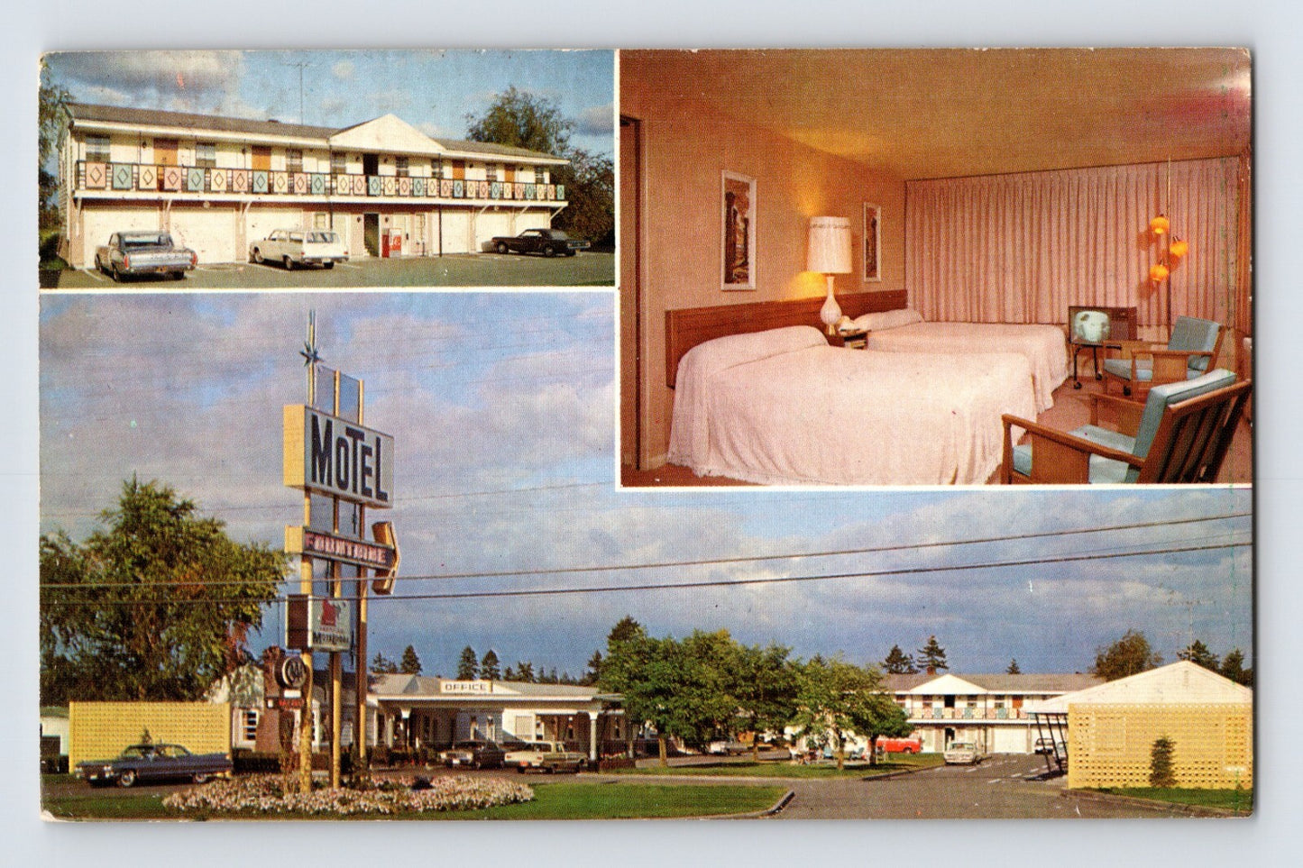 Tacoma Washington Motel Fountaine exterior sign room interior 1960s chrome postcard