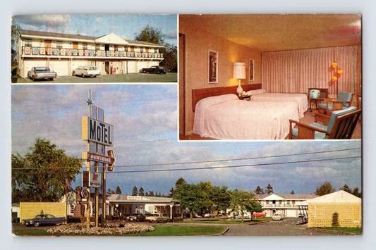 Tacoma Washington Motel Fountaine exterior sign room interior 1960s chrome postcard