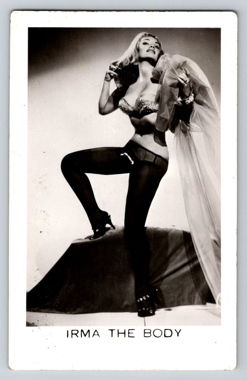 Irma The Body burlesque performer studio pose veil heels 1950s real photo postcard 
