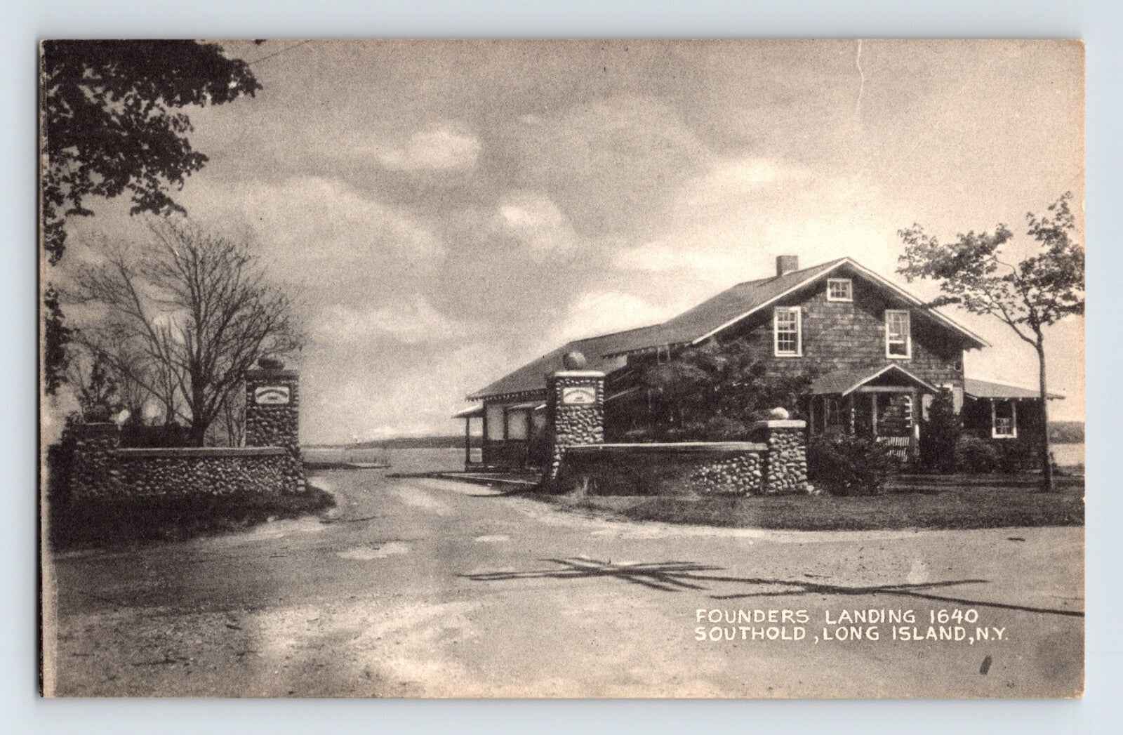 Southold Long Island New York Founders Landing 1930s black and white postcard historic building waterfront