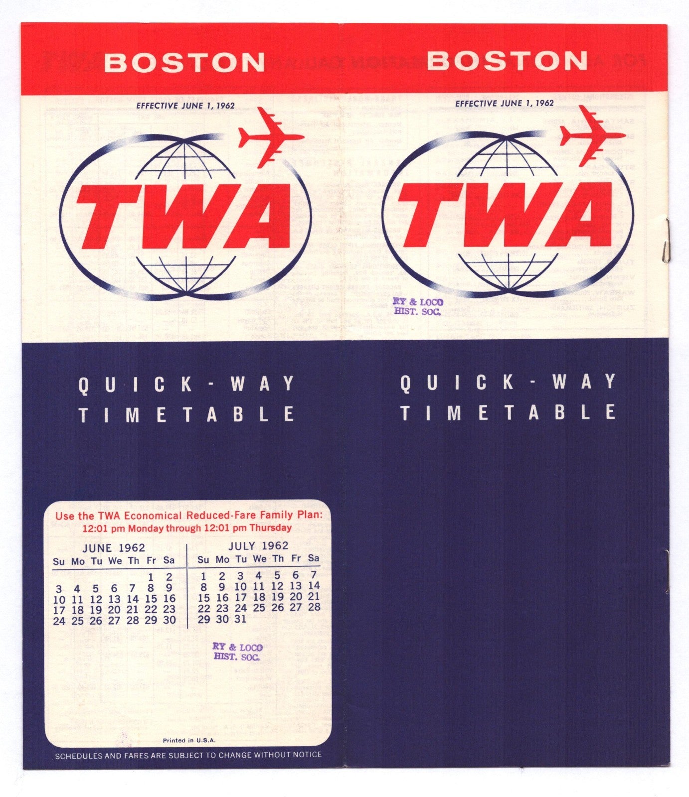 Trans World Airlines TWA June 1 1962 Boston Quick Way timetable booklet cover with globe logo jet silhouette and calendar panel