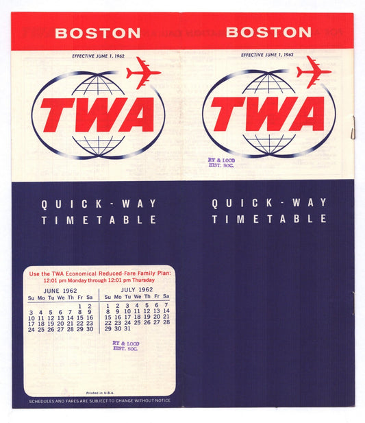 Trans World Airlines TWA June 1 1962 Boston Quick Way timetable booklet cover with globe logo jet silhouette and calendar panel