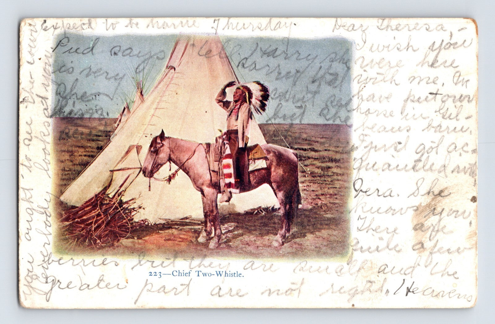 Marysville Montana Native American Chief Two Whistle teepee horse 1908 postcard