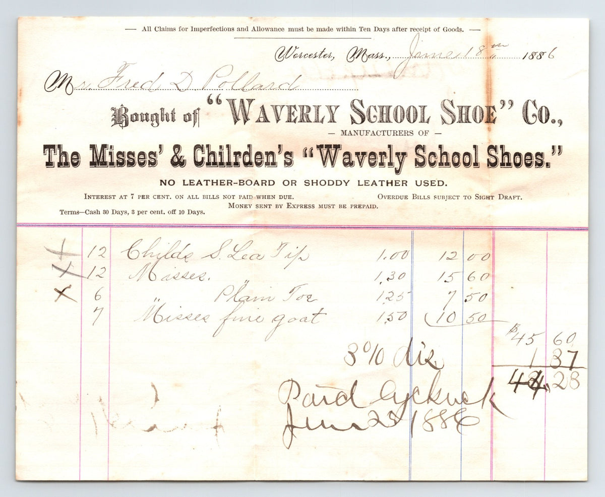 Worcester Massachusetts Waverly School Shoe Company 1886 billhead children shoes document