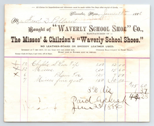 Worcester Massachusetts Waverly School Shoe Company 1886 billhead children shoes document