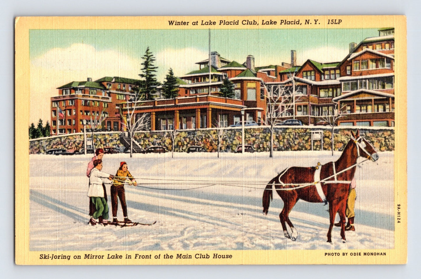Lake Placid New York Mirror Lake Ski Joring Horse 1940s Postcard Unposted Linen