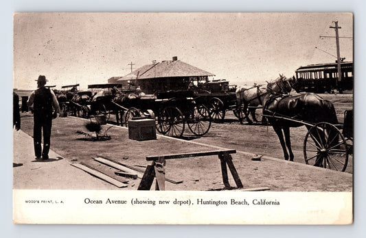 Huntington Beach California Ocean Avenue Railroad Station 1906 Postcard Posted