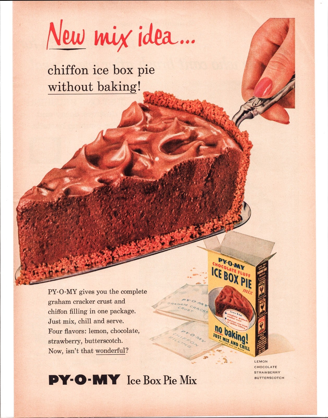 Py-O-My Ice Box Pie Mix 1956 chocolate chiffon pie print advertisement dessert slice no baking
