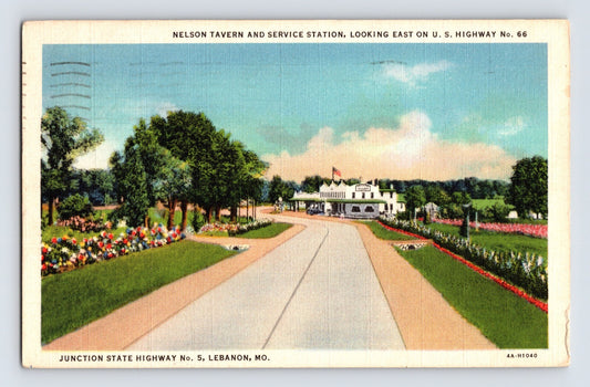 Lebanon Missouri Route 66 Nelson Tavern Service Station 1945 Postcard Linen