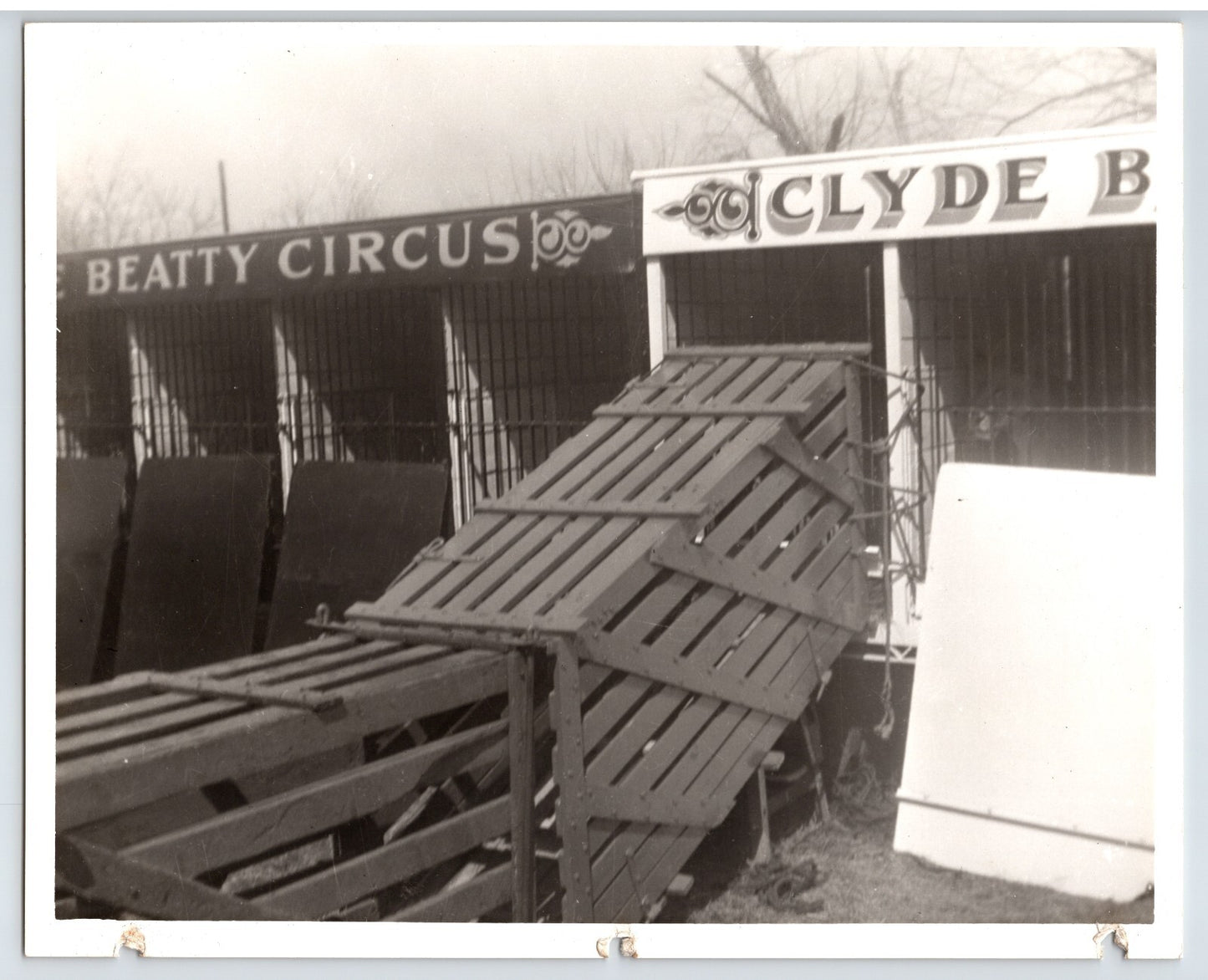Vintage black and white photo of circus equipment with 'Beatty Circus' and 'Clyde B' branding.