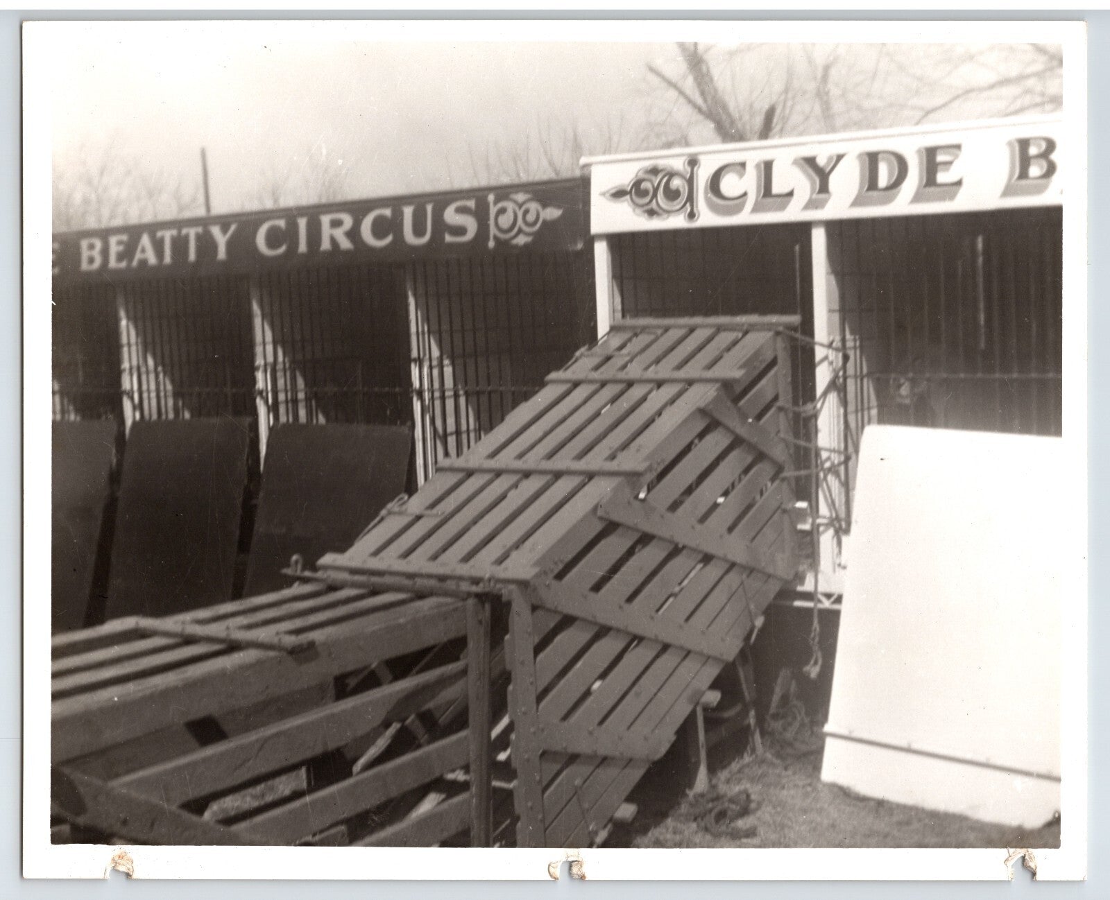 Vintage black and white photo of circus equipment with 'Beatty Circus' and 'Clyde B' branding.