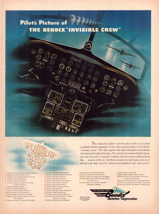 Bendix aviation cockpit instrument panel WWII aircraft navigation print advertisement 1944