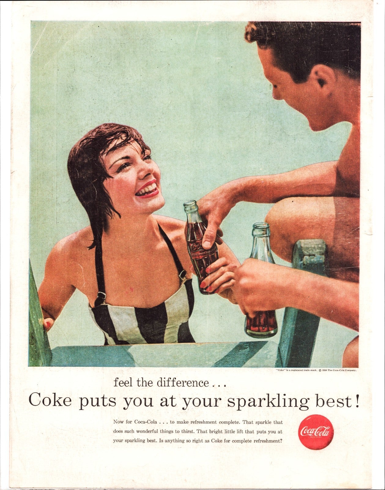 Coca Cola 1956 swimming pool couple sharing Coke bottles summer vintage print ad