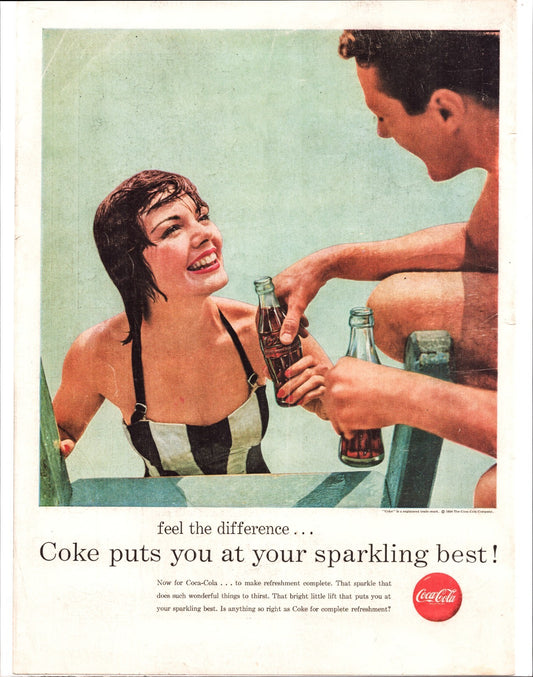 Coca Cola 1956 swimming pool couple sharing Coke bottles summer vintage print ad