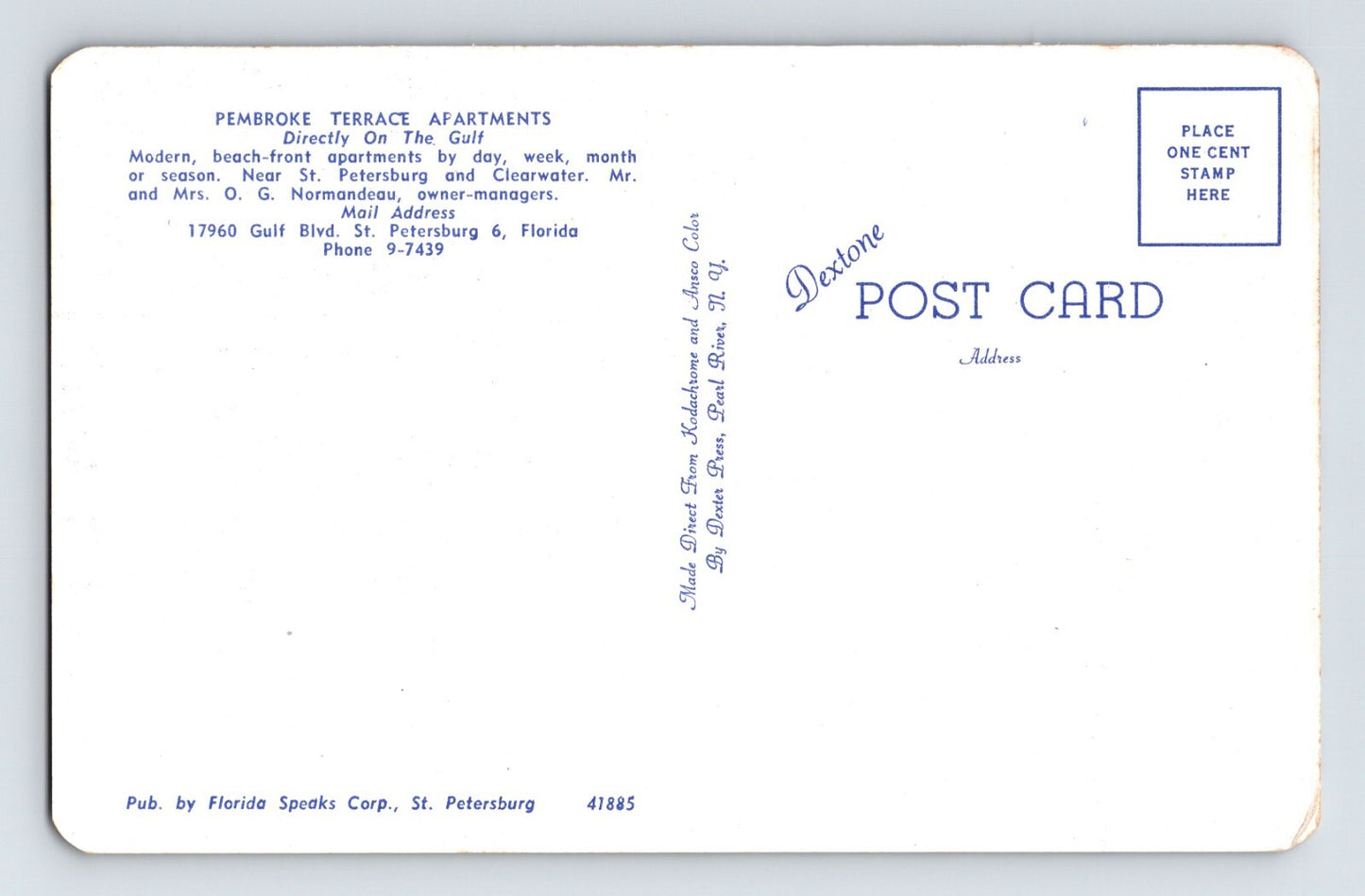 St Petersburg Florida Pembroke Terrace Apartment Hotel 1960s Postcard Unposted