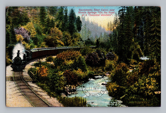 Mount Shasta California Sacramento River canyon railroad train 1910 postcard scenic view