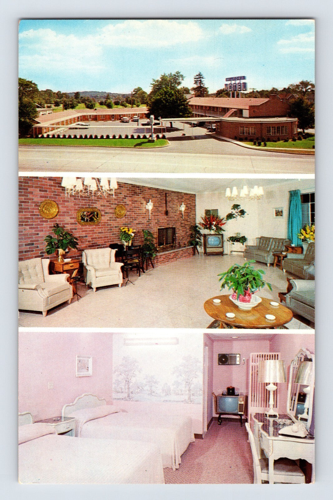 Milford Connecticut motel exterior lobby pink bedroom interior 1960s chrome postcard multi view
