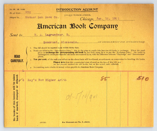 Chicago Illinois American Book Company 1901 introduction account billhead yellow paper invoice