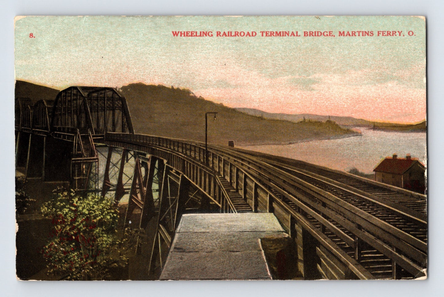 Martins Ferry Ohio Wheeling railroad bridge 1910 postcard train tracks river steel truss