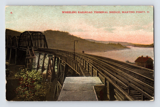 Martins Ferry Ohio Wheeling railroad bridge 1910 postcard train tracks river steel truss