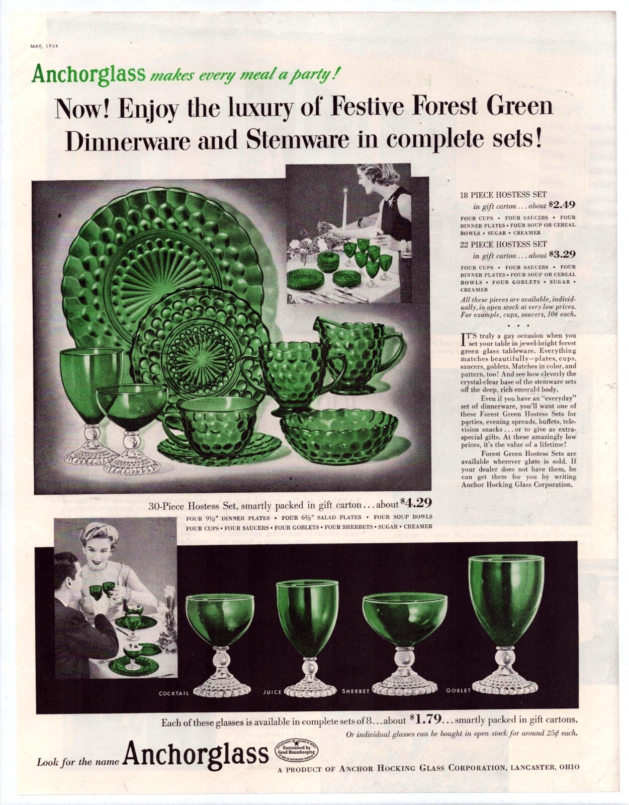 Anchor Hocking Anchorglass Forest Green dinnerware and stemware 1954 advertisement glassware set