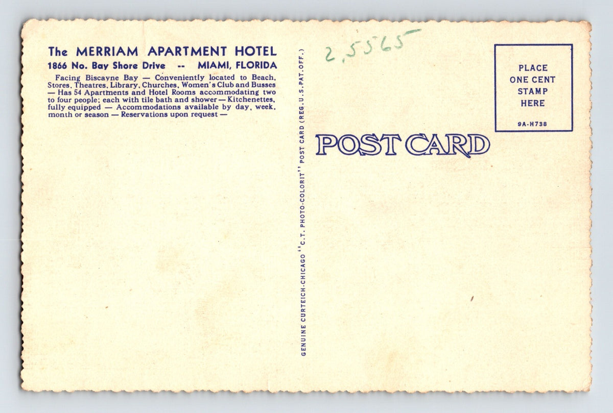 Miami Florida Merriam Apartment Hotel 1940s Postcard Linen Unposted