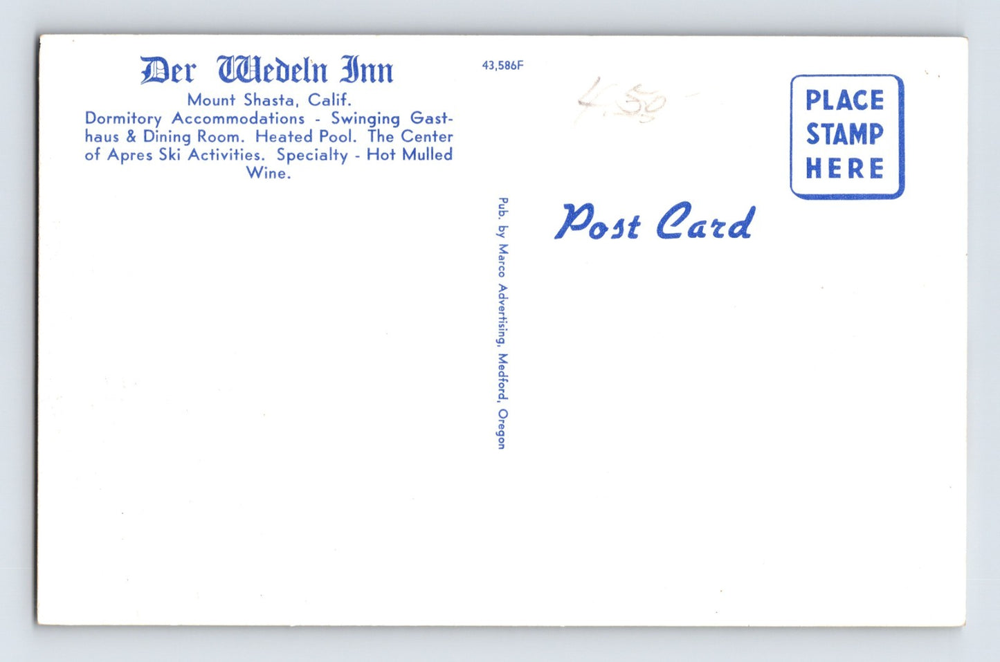 Mt Shasta California Der Wedeln Inn Motel Winter 1960s Postcard Unposted Chrome