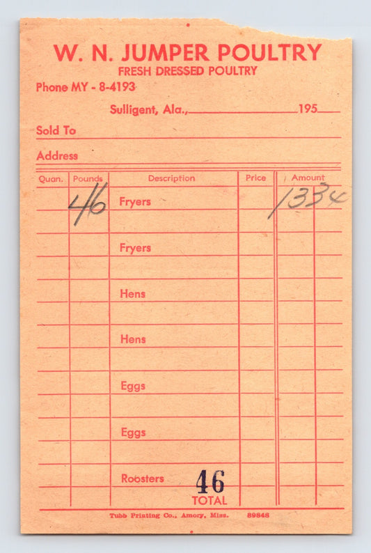 Sulligent Alabama W N Jumper Poultry 1950s billhead invoice fryers hens eggs receipt