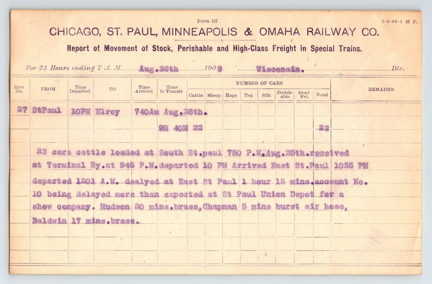 Chicago St Paul Minneapolis Omaha Railway 1909 Billhead 8 x 5.5