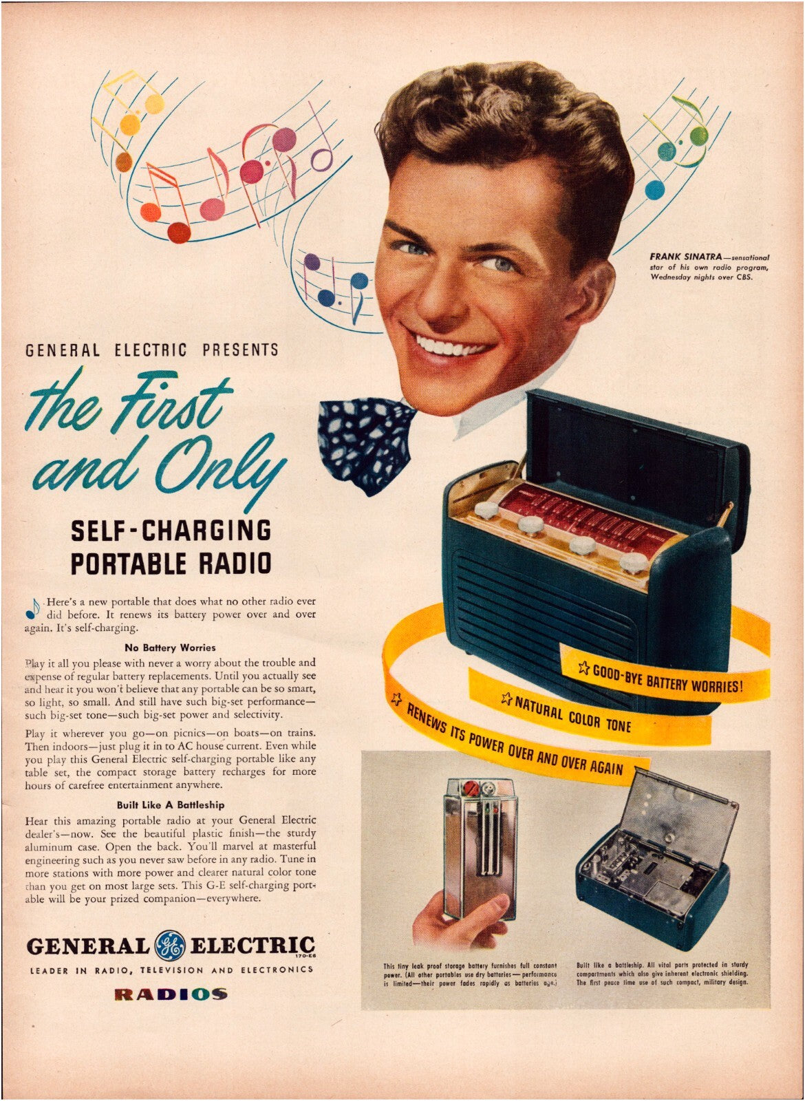 General Electric radio ad 1946 Frank Sinatra self charging portable radio vintage advertisement page