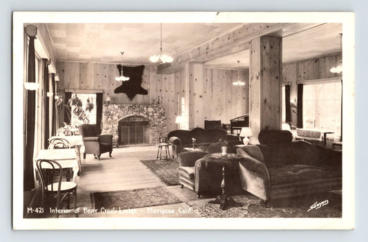 Mariposa California Bear Creek Lodge Lobby 1940 RPPC Postcard Posted