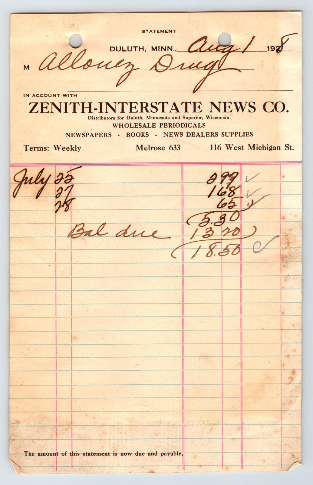 Duluth Minnesota 1928 Zenith Interstate News Billhead 8 x 5.5