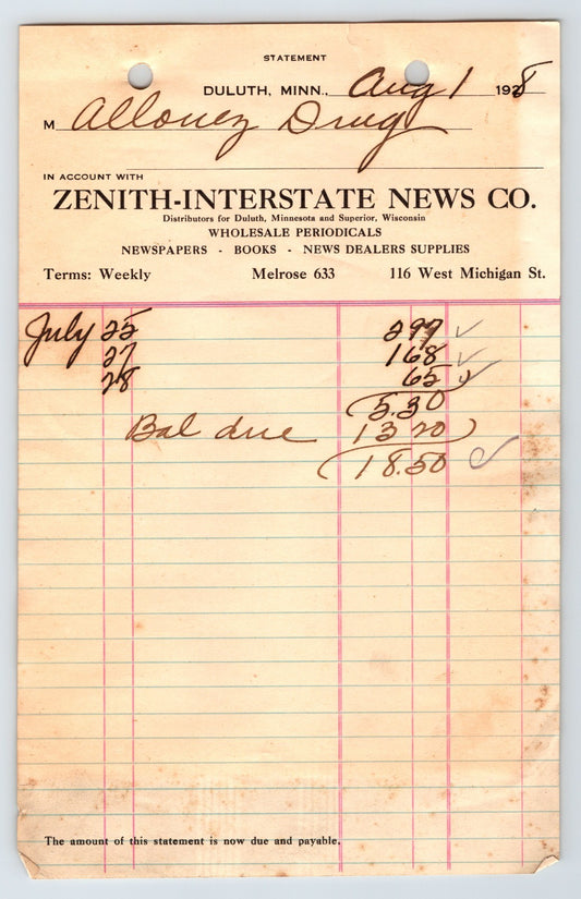 Duluth Minnesota 1928 Zenith Interstate News Billhead 8 x 5.5