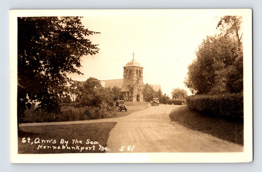 Real photo postcard of St Ann’s by the Sea church in Kennebunkport Maine showing stone chapel, curved drive, and early automobiles