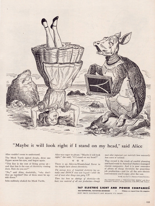 Alice in Wonderland Mock Turtle 1945 electric company print ad illustration
