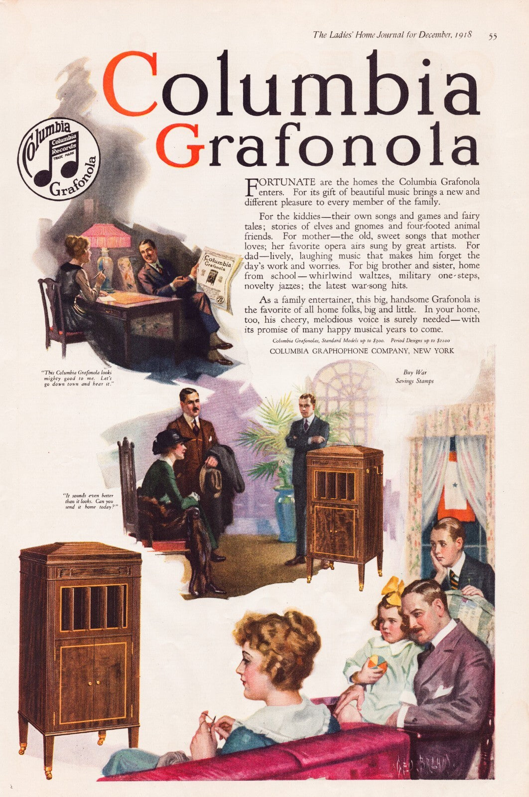 1918 Columbia Grafonola print advertisement showing phonograph cabinet and domestic listening scenes with families gathered around music in early twentieth century interiors