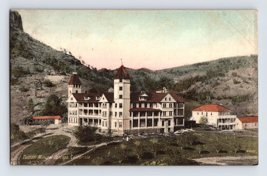 Tuscan Mineral Springs resort hotel complex with tower and hillside setting Red Bluff California postcard