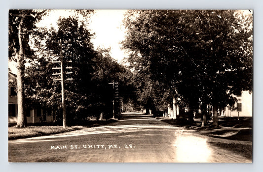 Unity Maine Main Street 1940s RPPC tree lined road telephone poles small town view