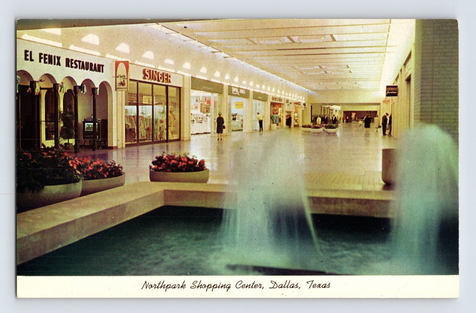 Dallas Texas Northpark Shopping Center interior mall fountain Fenix Restaurant Singer storefront 1960s postcard