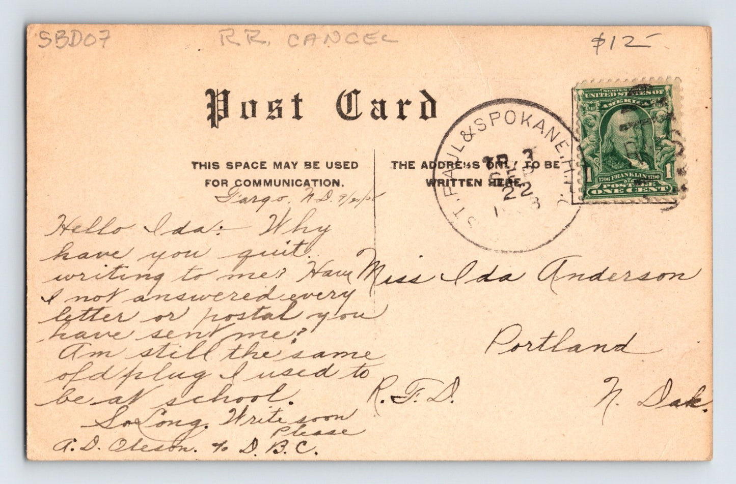 Fargo North Dakota Northern Pacific Railroad Depot 1908 Postcard Posted RPO