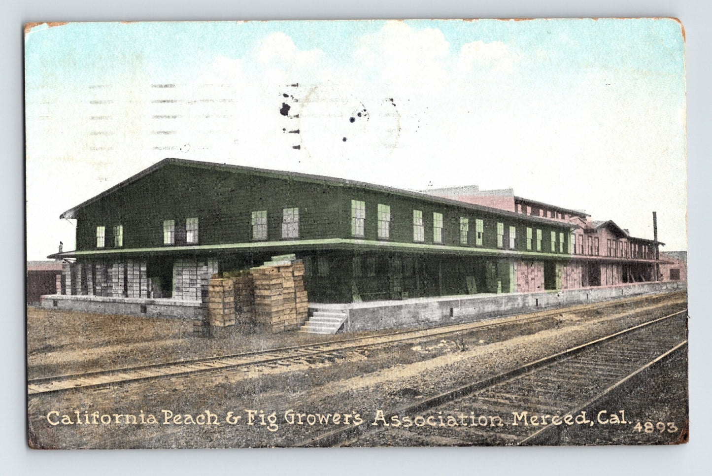 Merced California Peach and Fig Growers Association building railroad tracks 1933 postcard posted divided back