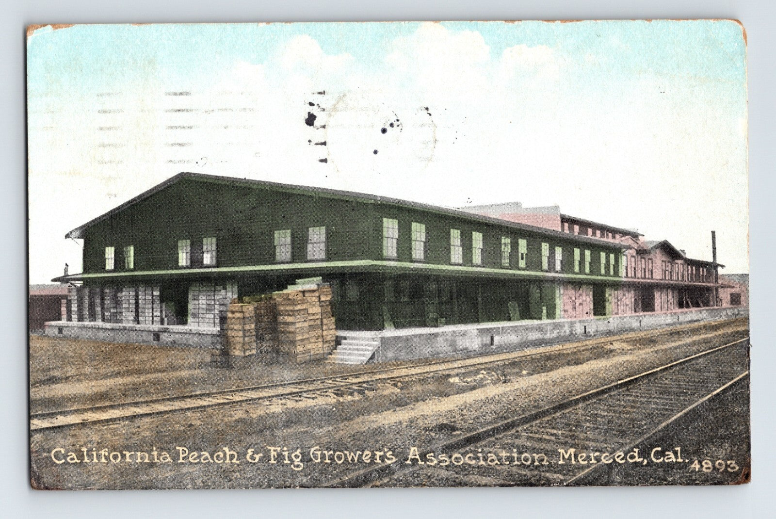Merced California Peach and Fig Growers Association building railroad tracks 1933 postcard posted divided back