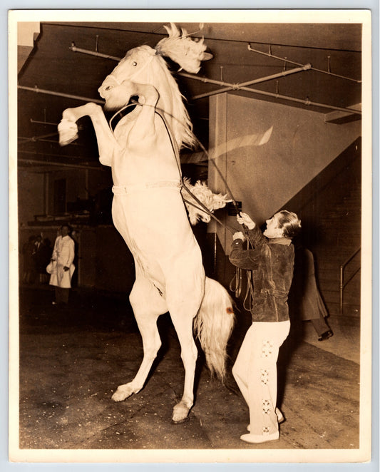 Black and white photograph showing a circus trainer guiding a white horse rearing on its hind legs inside an arena or backstage space