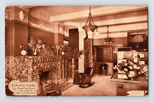 San Francisco California Hotel Von Dorn lobby 1910s postcard interior fireplace seating divided back