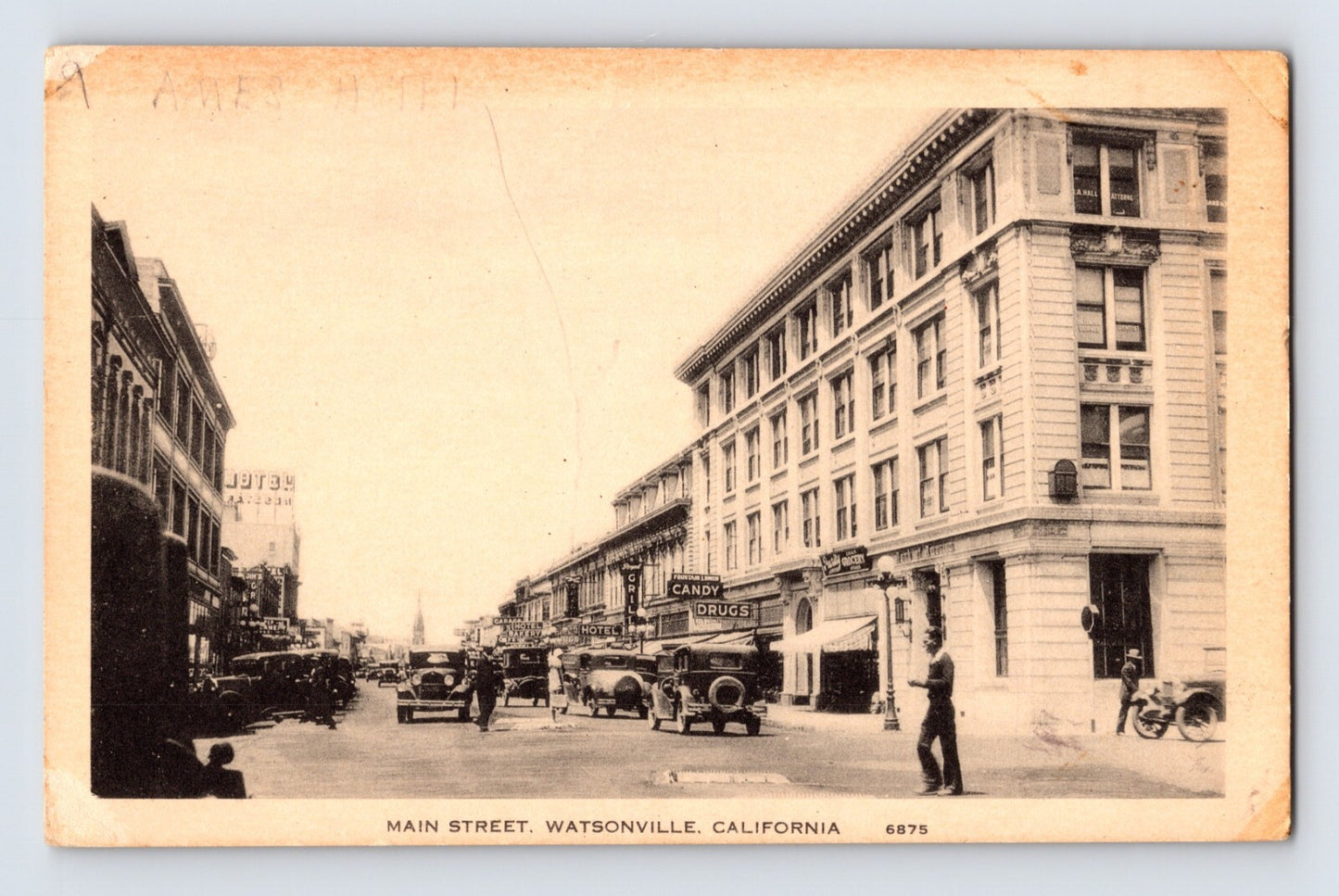 Watsonville California Main Street Automobile Traffic 1920s Postcard