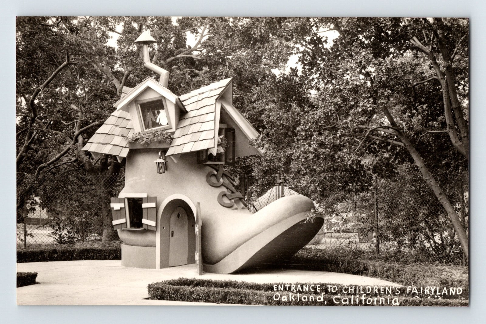 Oakland California Childrens Fairyland Old Woman in a Shoe entrance 1950s postcard view