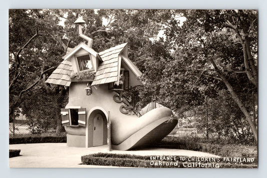 Oakland California Childrens Fairyland Old Woman in a Shoe entrance 1950s postcard view