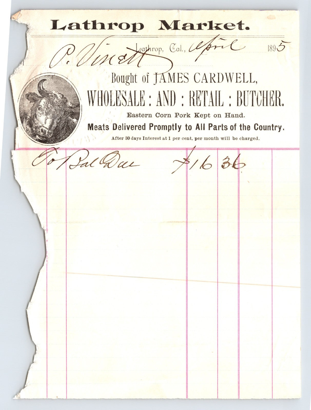 1895 Lathrop California billhead for James Cardwell wholesale and retail butcher with cattle illustration and red ledger ruling