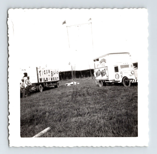 Tiger Bills Wild West circus truck and animal transport trailer with trapeze rig 1950s square photo