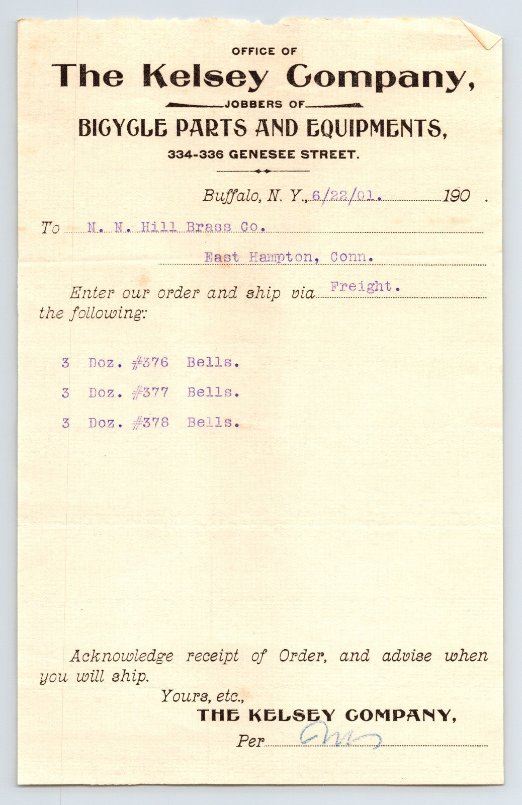 Kelsey Company Buffalo New York 1901 bicycle business letterhead ornate typography paper document 8.5 x 5.5